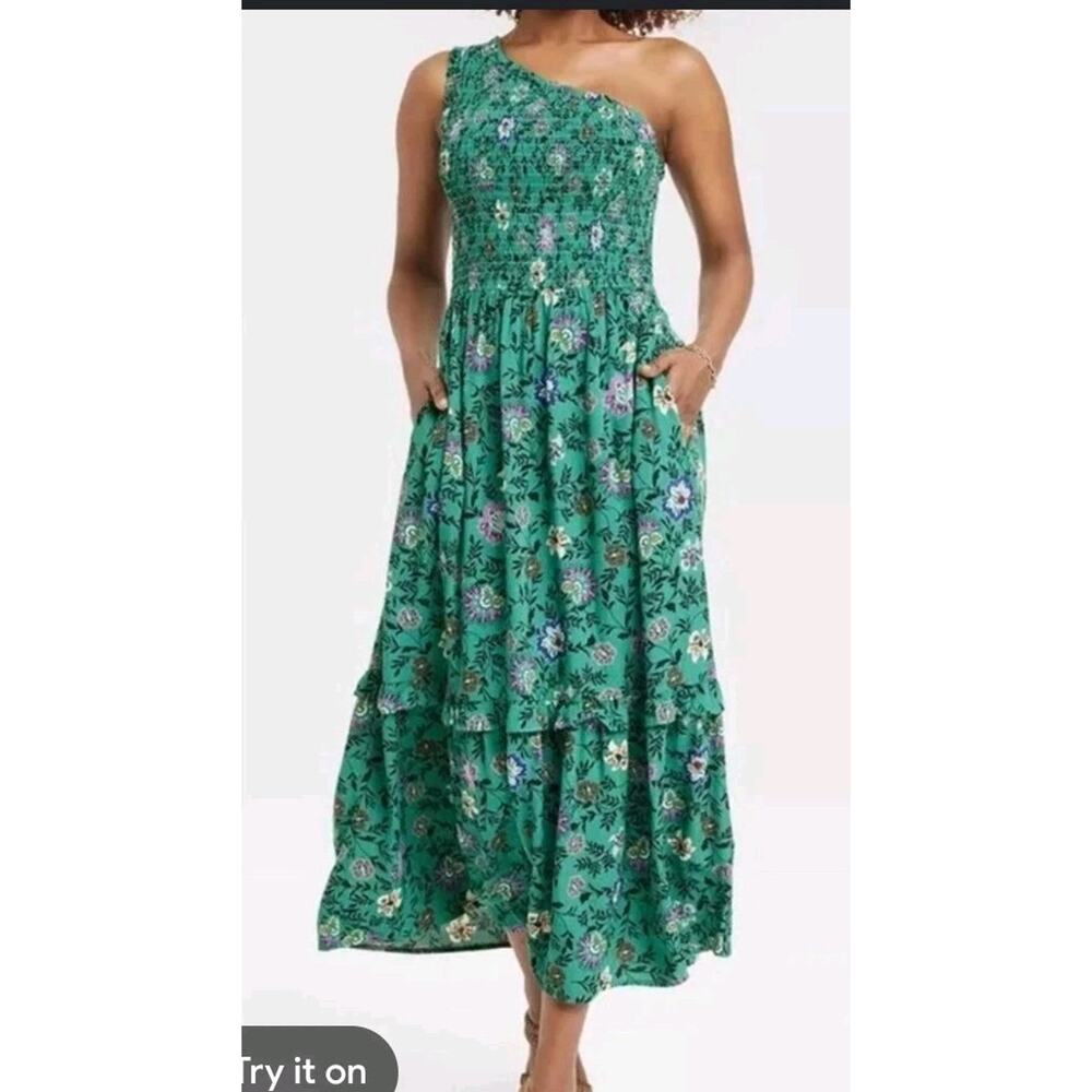 Knox Rose Sleeveless One Shoulder A-Line Midi Maxi Dress Green Floral Size Small